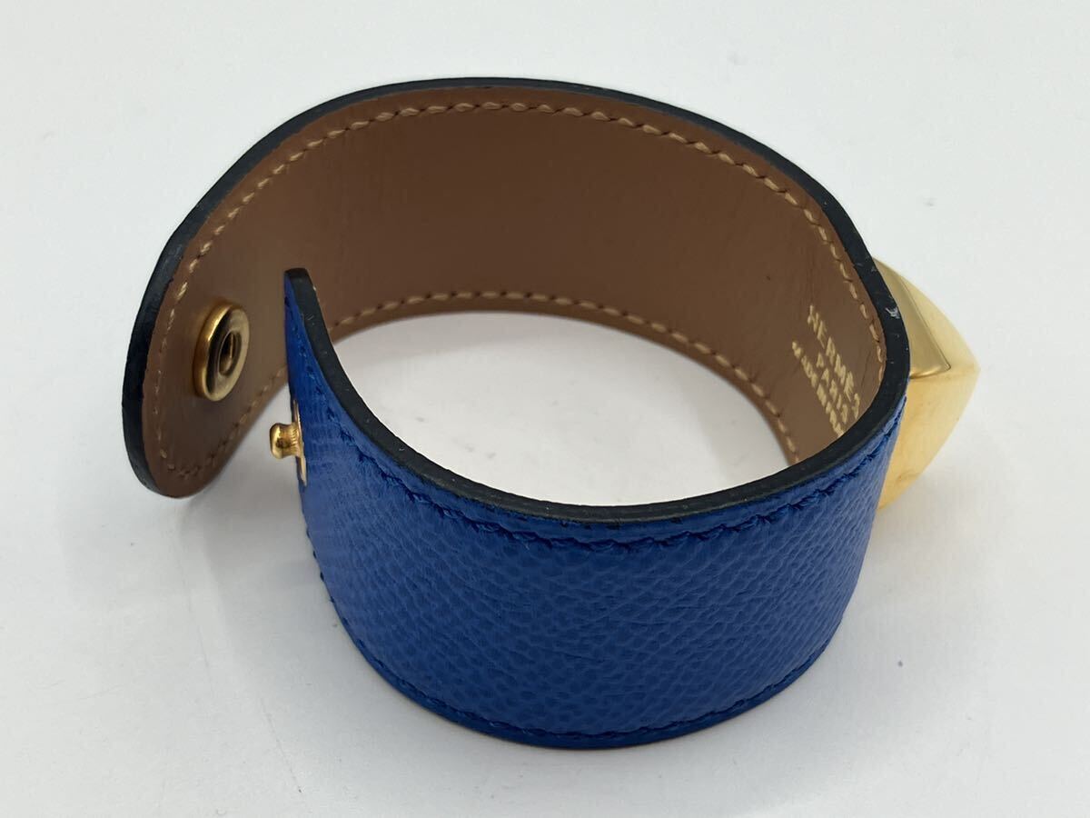 240314194003 【1円～！】HERMES エルメス メドール レザー ゴールド金具 ブレス バングル アクセサリー レディース ブルー 箱付 中古_画像5