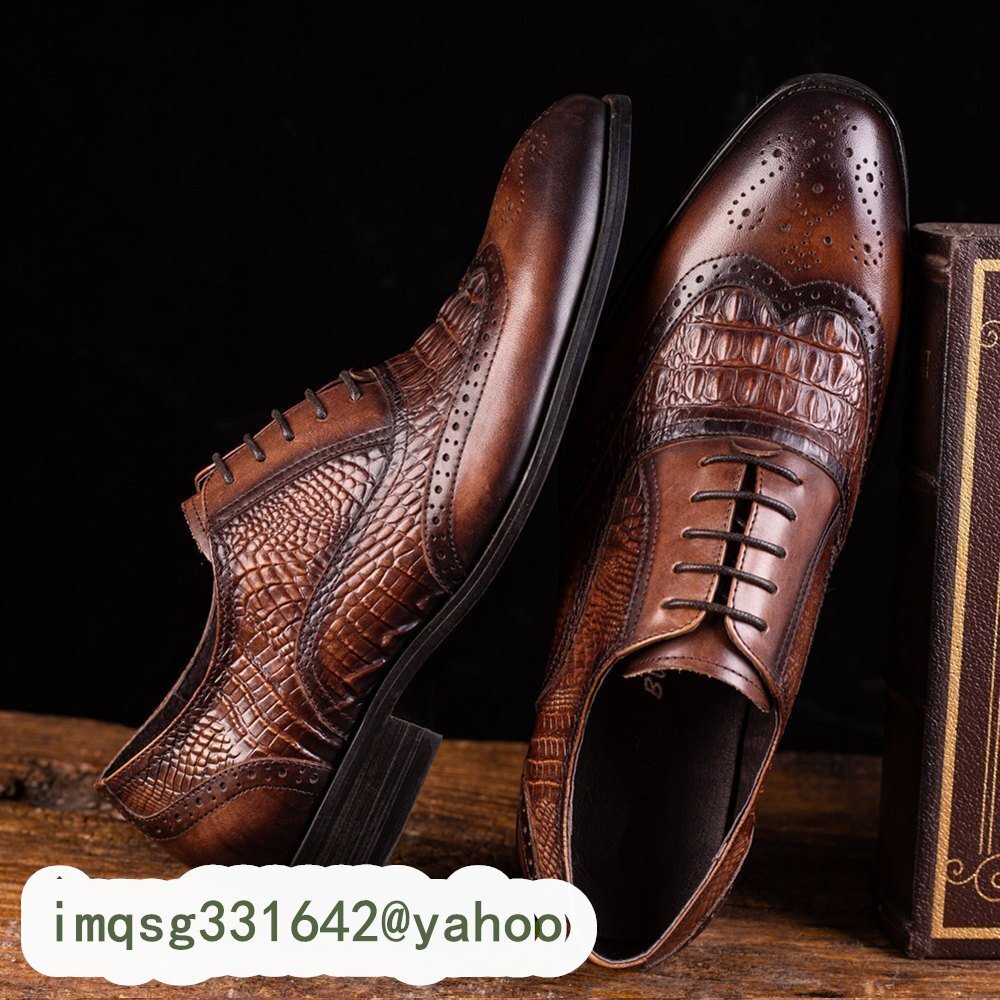 新入荷 ビジネスシューズ メンズシューズ シューズ 靴 フォーマル ロングノーズ ローカット 紐靴 紳士靴 ワニ柄 ブラウン 24.5cm~28.5cm_画像2