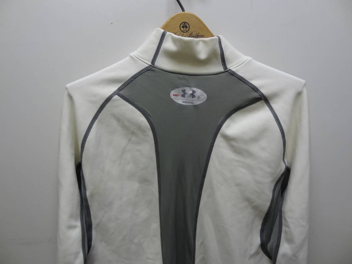 送料無料 アンダーアーマー UNDER ARMOUR METAL メンズ 白Xグレー色 スポーツハイネック薄手ストレッチスウェット素材1/3ジップシャツ MD_画像8
