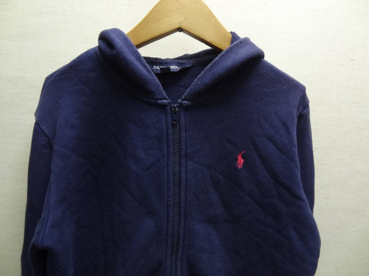 全国送料無料 正規品 ポロラルフローレン POLO RALPH LAUREN 子供服キッズ女の子 胸ピンク色ワンポイント刺繍 紺色フルジップパーカー 160_画像3