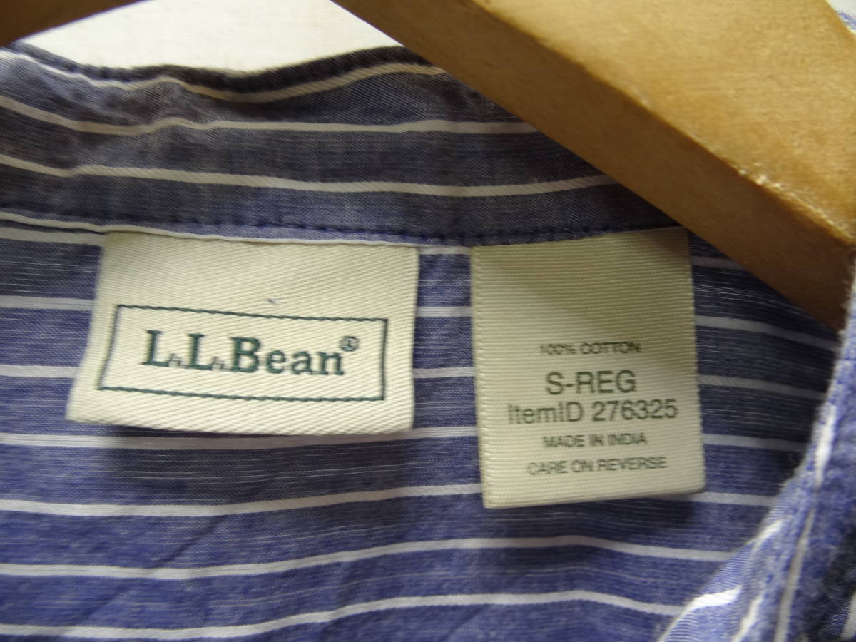 全国送料無料 エルエルビーン L.L.Bean レディース 綿100%ストライプ柄 襟無し バンドカラー長袖プルオーバーシャツブラウス Sサイズ