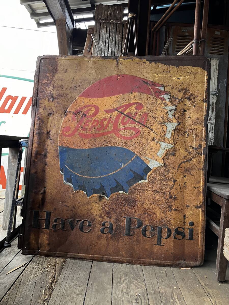 50s ヴィンテージ ペプシ メタルサイン 121x106cm 大型看板 Have a Pepsi / アメリカ ガレージ ジャンク シャビー インテリア 店舗什器_画像1