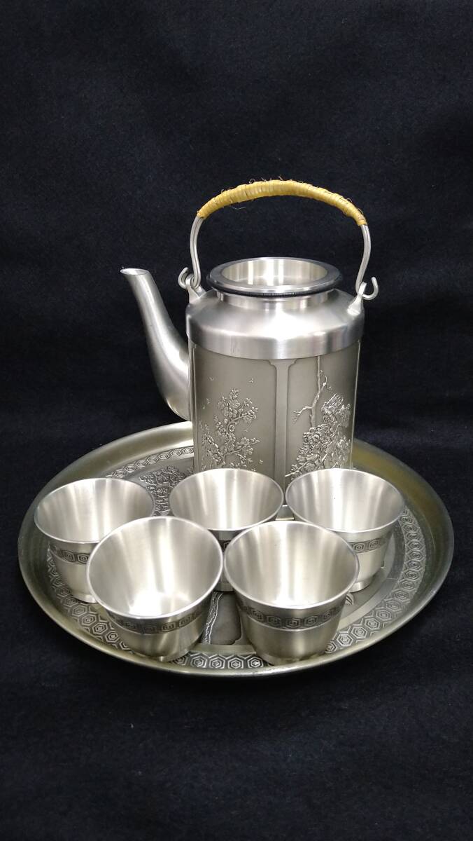 k1194 ROYAL SELANGOR PEWTER ロイヤル セランゴール 茶器 湯呑5客 急須 お盆 錫製品 ピューター 中古品 現状品 60サイズ発送_画像1