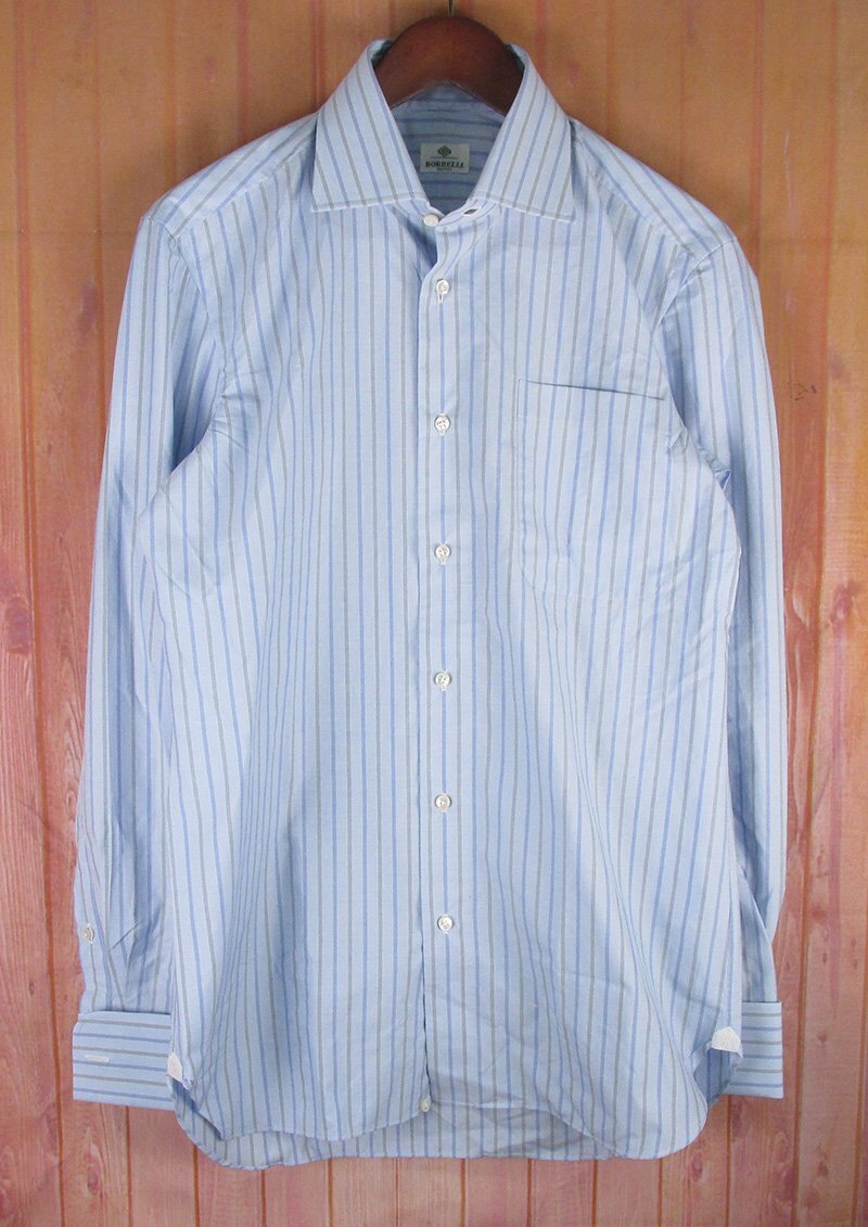 MAS8194 LUIGI BORRELLI ルイジボレッリ ストライプ ドレスシャツ ホリゾンタルカラー フレンチカフス ブルー系 15/38の画像1