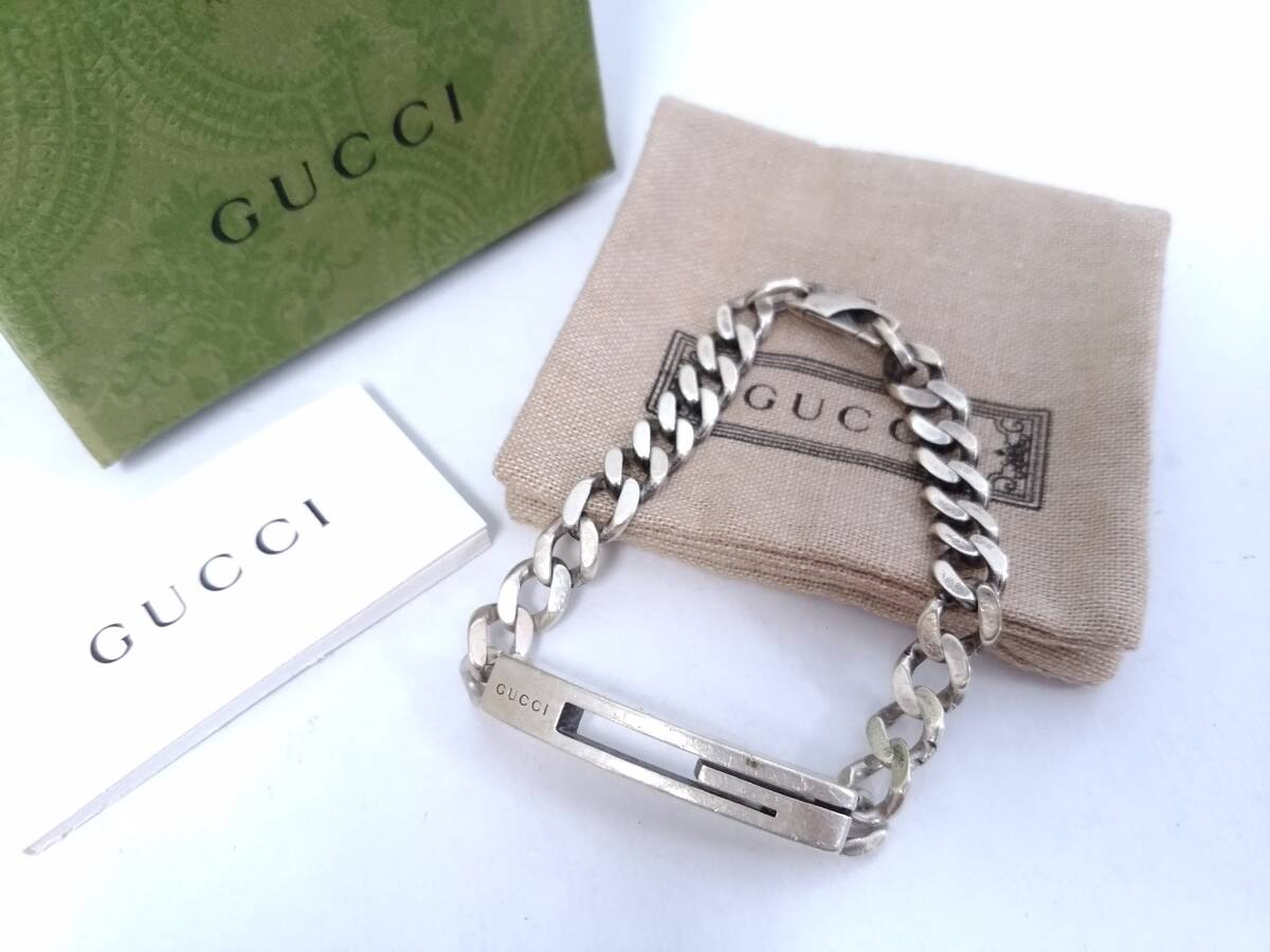 GUCCI グッチ シルバー925 Gロゴ 喜平チェーン ブレスレット/保存袋 箱付き/重量約27.1g/Gトップ/アクセサリー/バングル/04OM030205_画像1