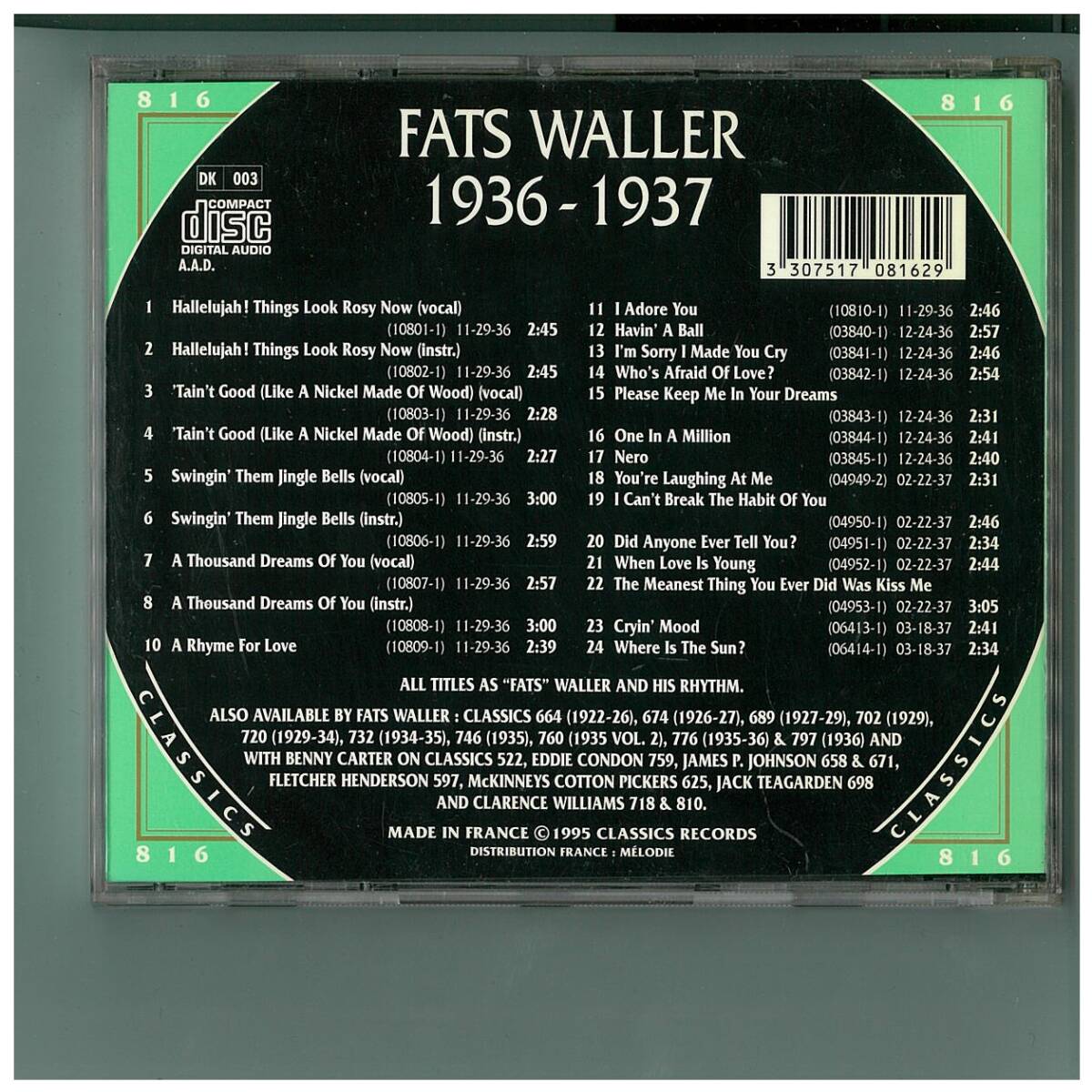 CD☆Fats Waller☆1936-1937☆フランス盤☆Classics 816_画像2