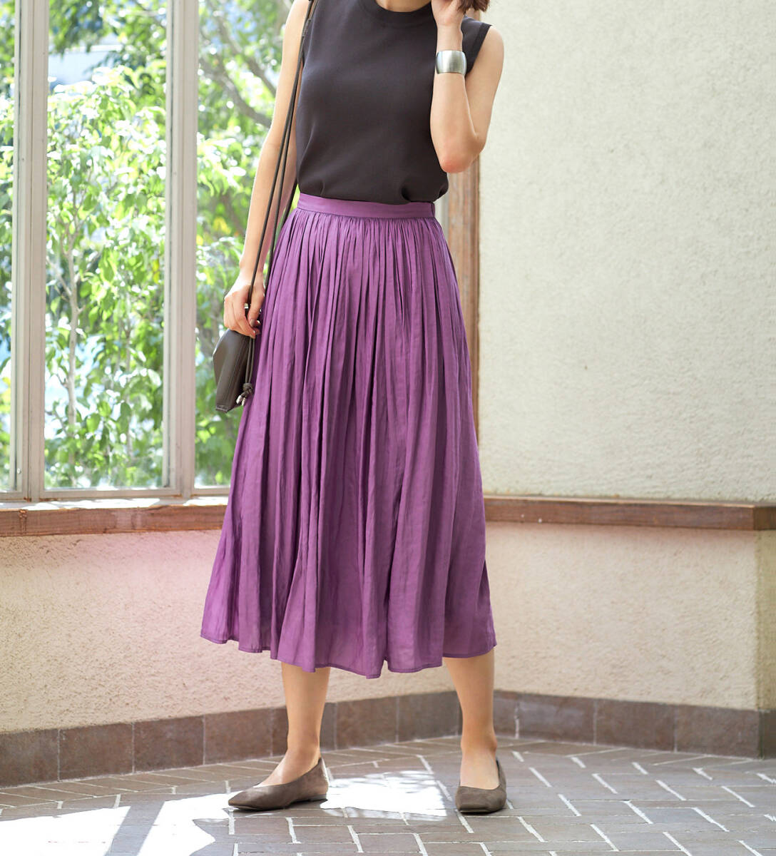 【STYLE DELI】【Made in JAPAN】ヴィンテージサテンギャザースカートB_80cm丈／パープル・Sサイズ_画像9