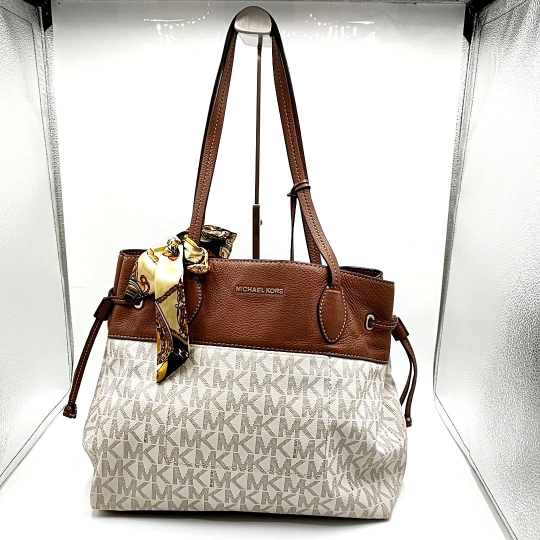 【中古良品】MICHAEL KORS　マイケルコース　モノグラム　ショルダーバッグ　トートバッグ　ロゴ　ブラウン×オフホワイト