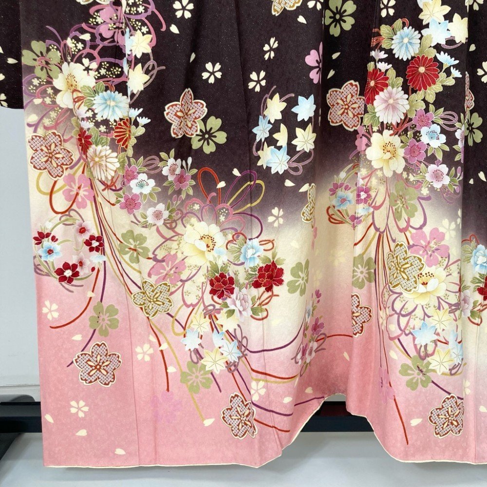 1 jpy ~ long-sleeved kimono obi set . gold thread clear weather put on silk tea silver length 161cm obi height 440cm sleeve length 65.5cm obi width 31cm y203-2556100[Y commodity ] Japanese clothes kimono 10