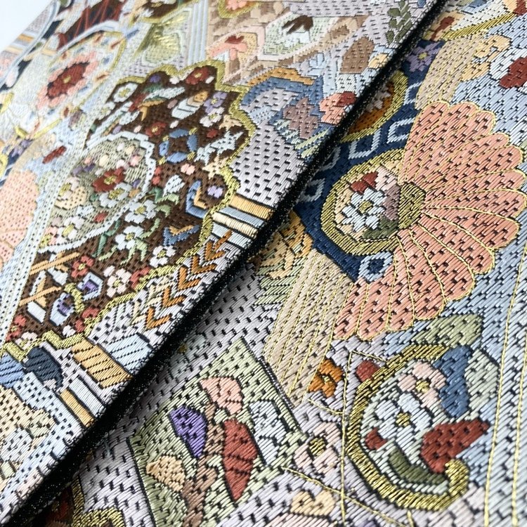 袋帯 全通 刺繍 華文 蝶 花柄 金糸 楽器文 マルチカラー ゴールド 帯丈442cm 帯幅31cm y172-2369626 【Y商品】和装 着物 7_画像7