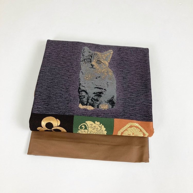 袋帯 可愛い猫の帯 ねこ 格子柄 金糸 刺繍 蝶 花 紋 リバーシブル 証紙 ブラウン 帯丈482cm 帯幅31cm y71-2449080 【Y商品】和装 着物 17