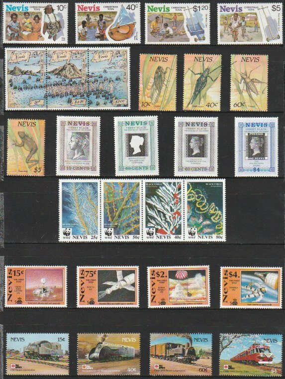 ネィビス島２１　1987年～1991年（未使用 記念　クリスマス　ペニーブラック　鉄道他 　７セット）２７種_画像1