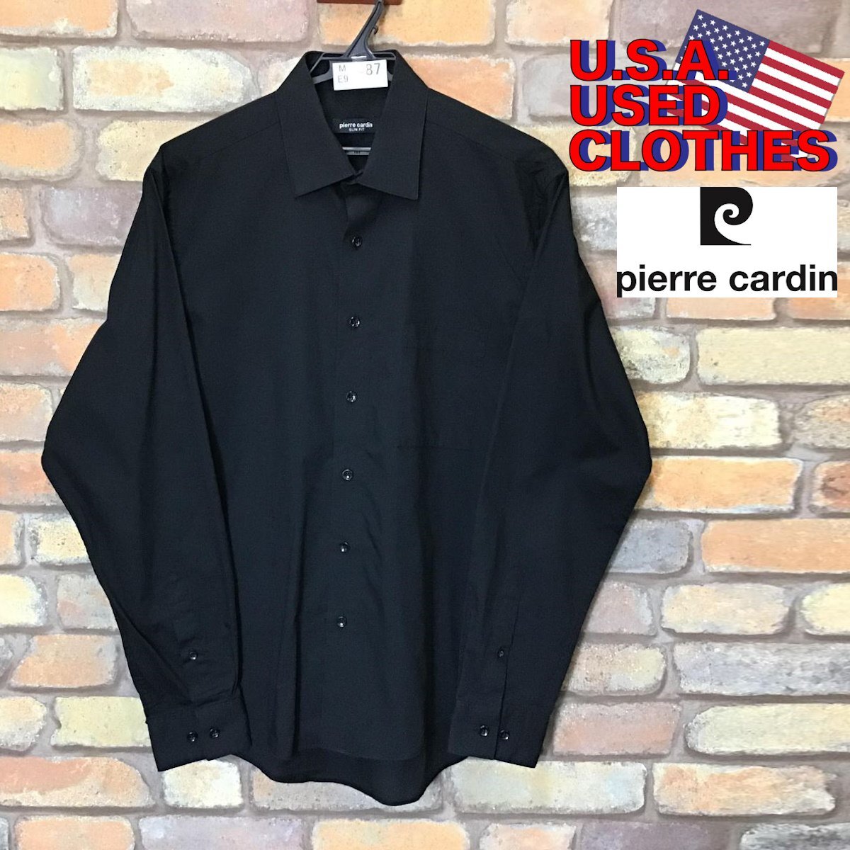 ME9-487★USA買付商品★美品【pierre cardin ピエールカルダン】人気NO.1 単色 ブラック 長袖 スリムシャツ【メンズ M】黒 ドレスシャツ_画像1