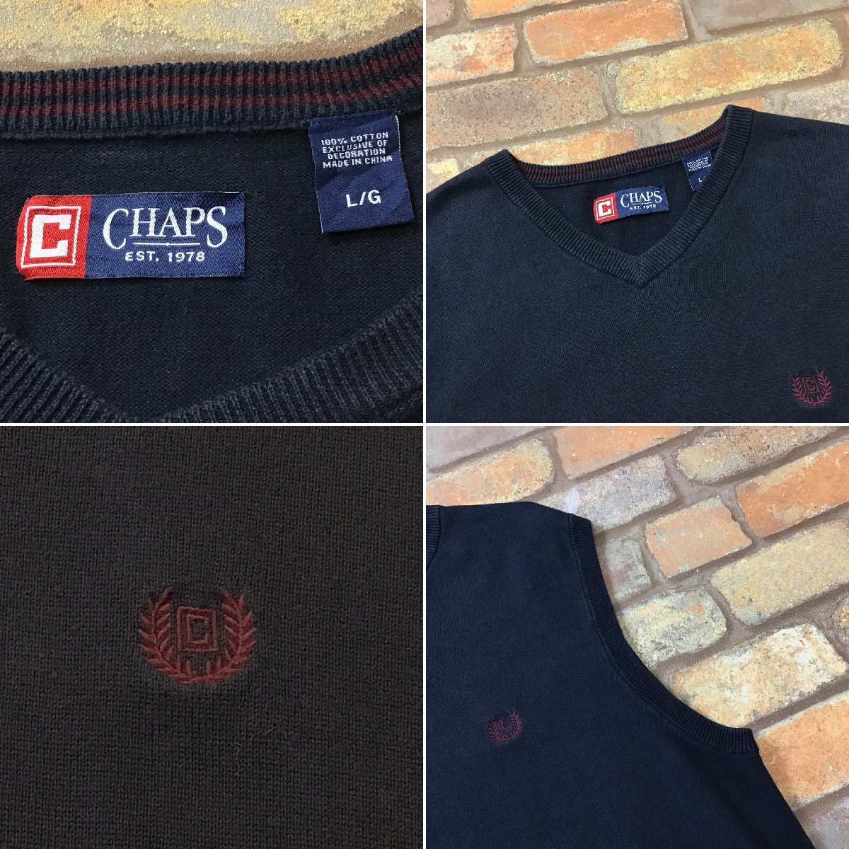 ME8-733★USA購入品★ゆったりサイズ★【CHAPS チャップス】刺繍ロゴ Vネック ベスト【メンズ L】濃紺 コットンニット ゴルフ 薄手_画像4