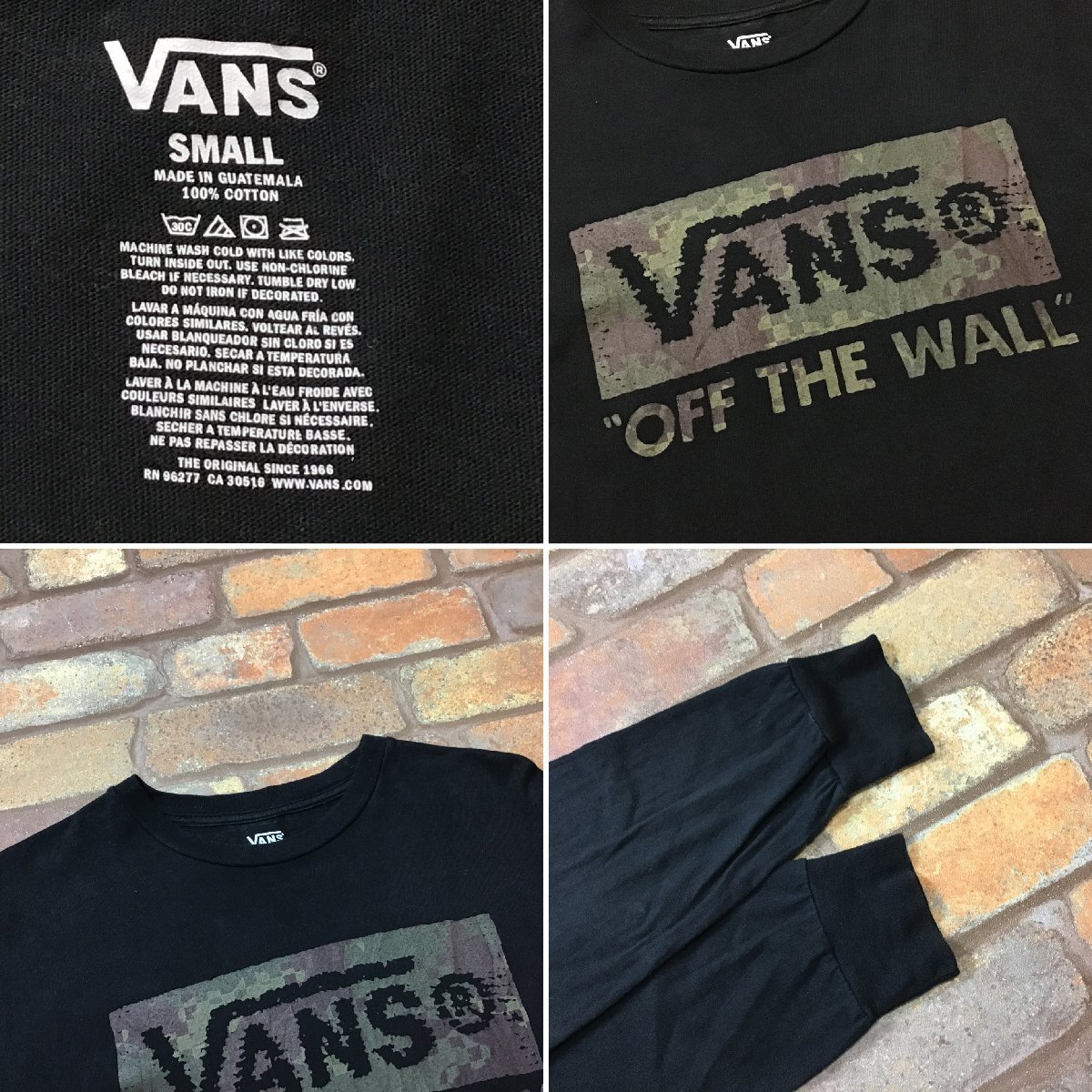 ME9-769★海外限定★状態◎★ブラック【VANS バンズ】オールコットン カモ柄ロゴ Tシャツ【メンズ S】長袖 古着 スケーター ストリート_画像4