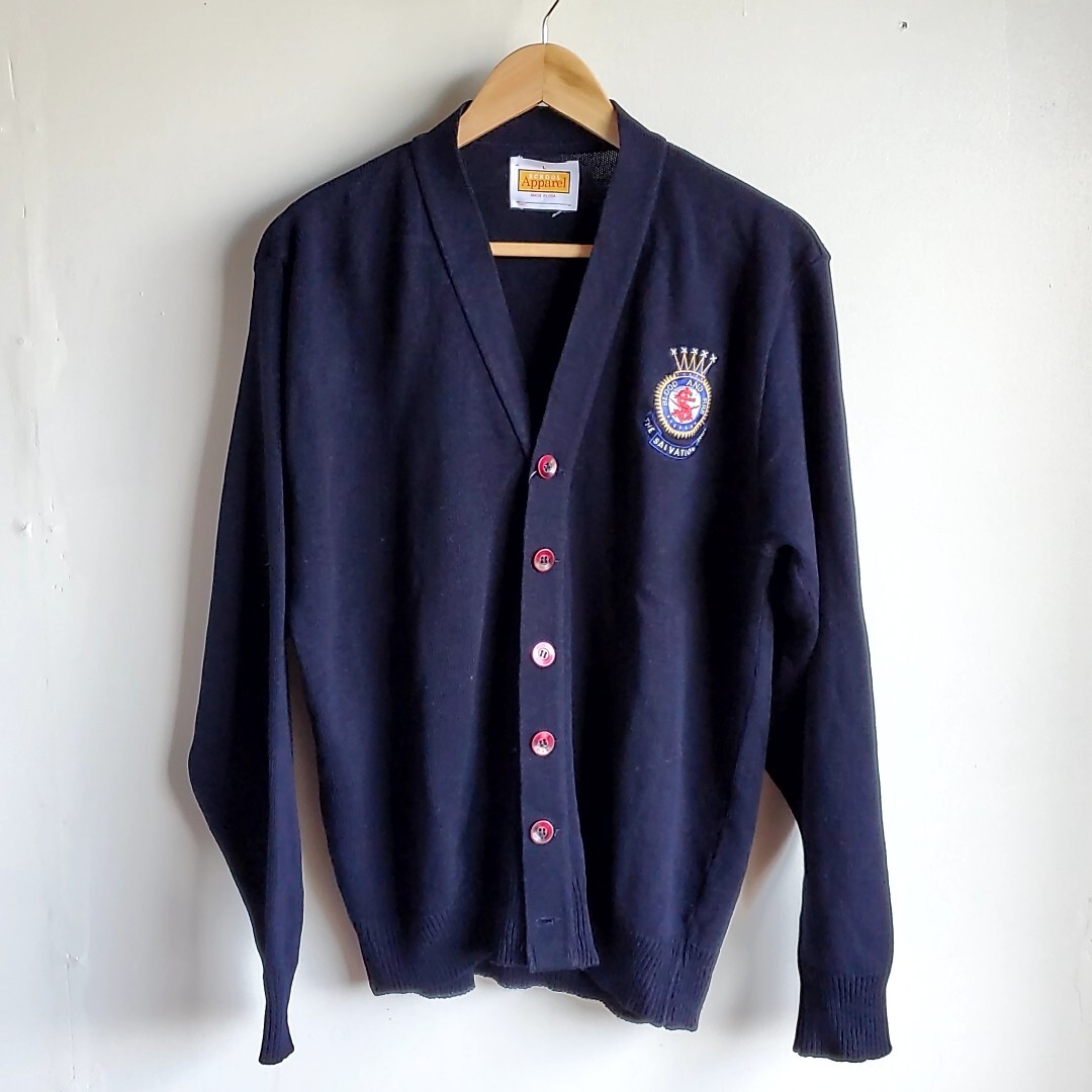 E12◆USA製 A+ アクリル カーディガン sizeL 紺 ネイビー ニット 長袖 古着 中古 USED vintage SCHOOL APPAREL_画像1