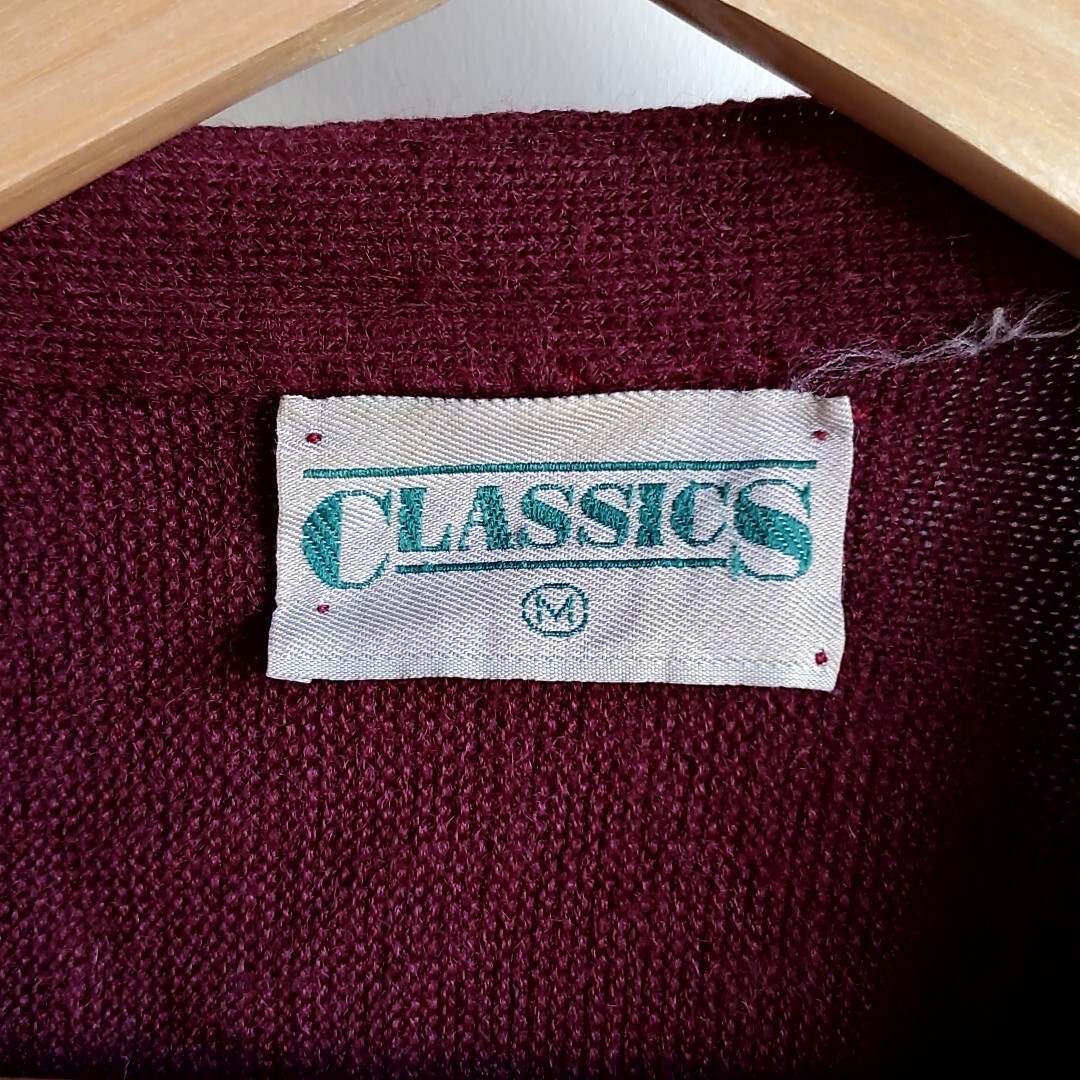 E14◆CLASSICS アクリル カーディガン sizeM えんじ ワインレッド ニット 長袖 古着 中古 USED vintage