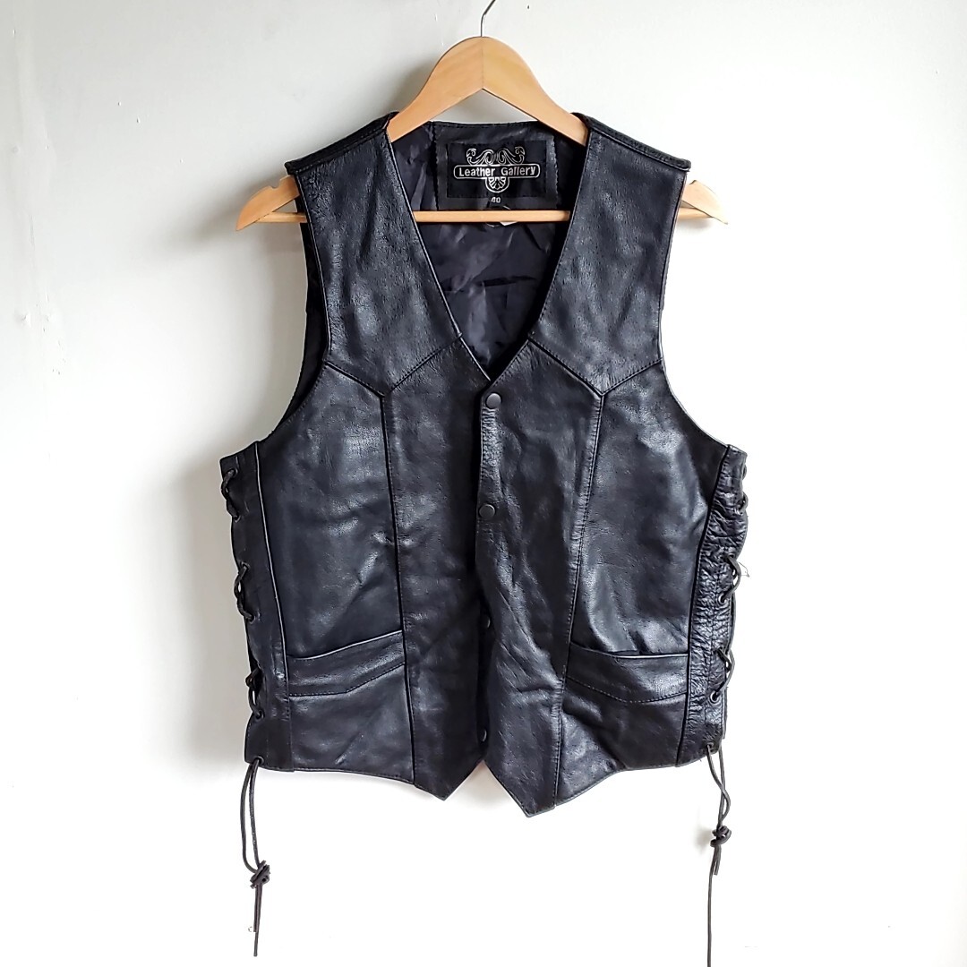 C3 Leather Gallery レザーベスト size40 黒 ブラック サイド編み込み 
