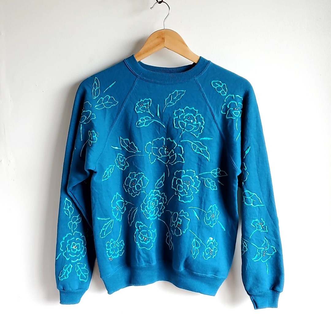 C26◆90s Hanes Her Way スウェット sizeS 緑 グリーン系 総柄 トレーナー 中古 USED 古着 ヴィンテージ vintage