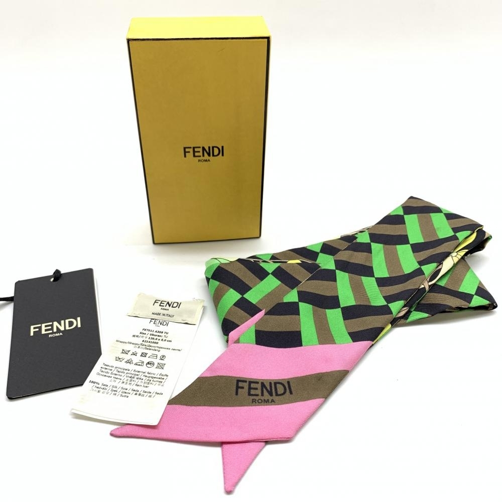 FENDI フェンディ FXT011 リボンスカーフ シルク ピンク グリーン イエロー 花柄 フラワー ボタニカル レディース 管理RT36340_画像10