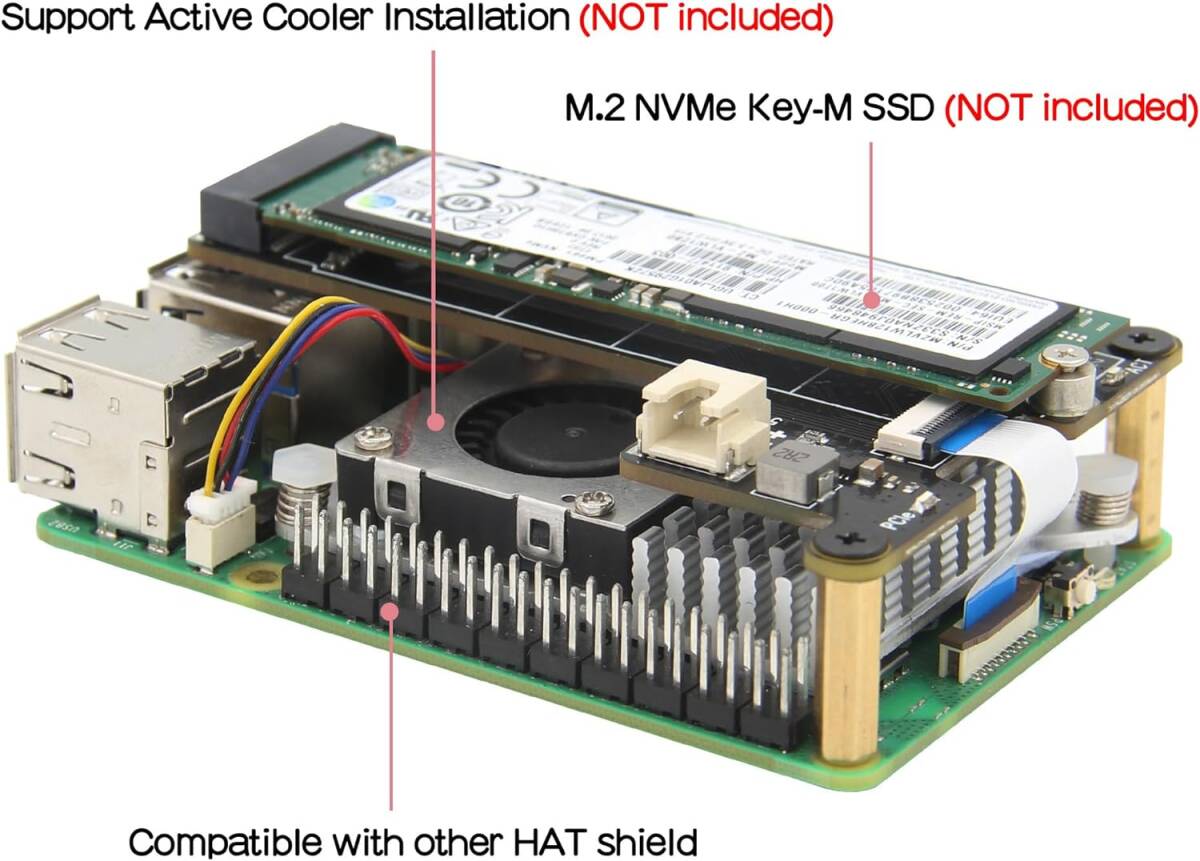 【新品】Raspberry Pi 5 Model B 8GB CPUファン/M.2 HAT基板/M.2 HAT対応ケース/5V 4A AC フルセット ラズベリーパイ USB Type-C HDMIの画像4