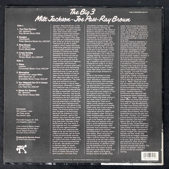 Milt Jackson Joe Pass Ray Brown The Big 3 US盤 2310-757 ジャズ_画像2