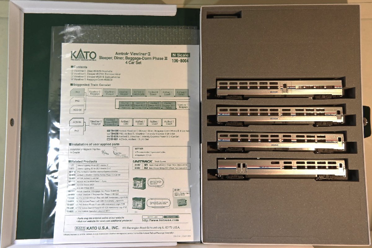 亜鉄社☆新品★KATO、106-8004、Amtrak VierlinerIISleeper、Diner、Baggage-Dorm、PhaseIII 4 Car Set、アムトラック客車4輌セット_画像2