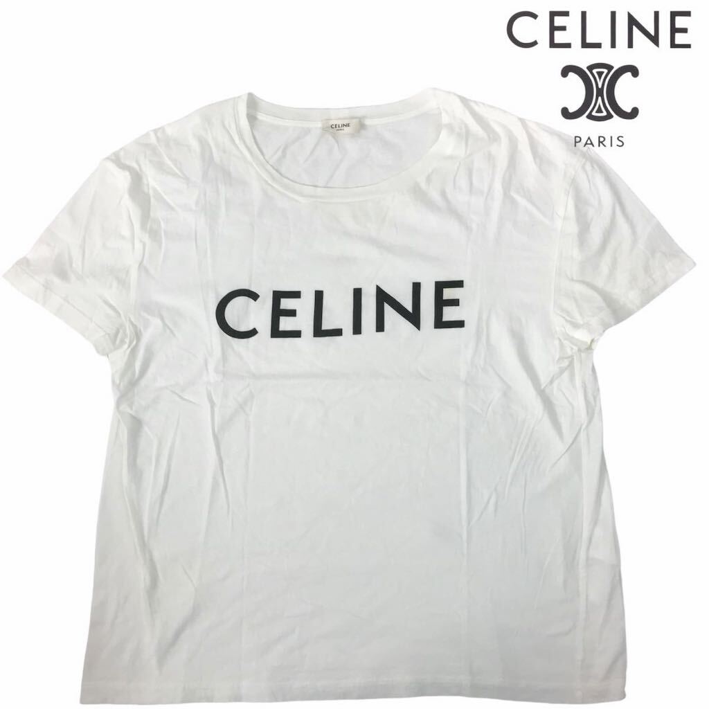 Rh137 CELINE セリーヌ ロゴ Tシャツ カットソー プリント 半袖 ホワイト クルーネック 白 トップス L コットン100% X008370E 正規品の画像1