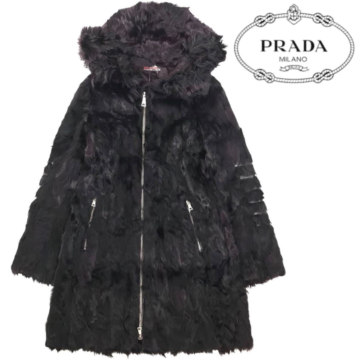 h124 レア PRADA 2008 プラダ ファー ジップアップ ジャケット フード ロングコート 毛皮 ラム アルパカ シープファー パープル 42 正規品_画像1