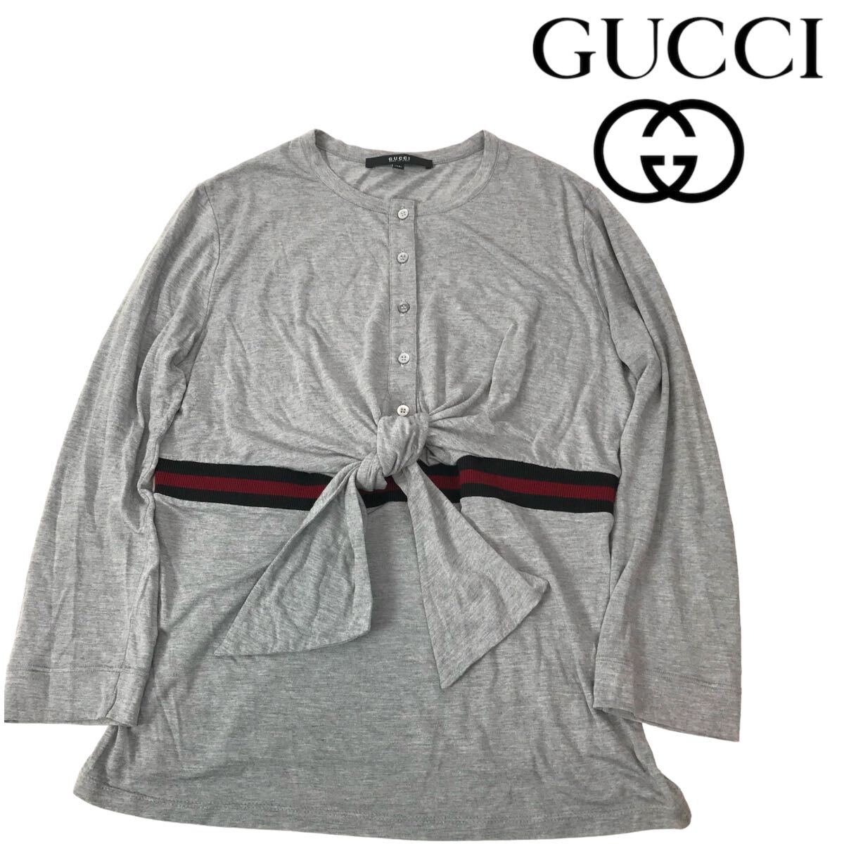 h246 GUCCI 2006 グッチ トップス カットソー プルオーバー ヘンリーネック 七分袖 リボン グレー XL イタリア製 165935 正規品 レディース_画像2