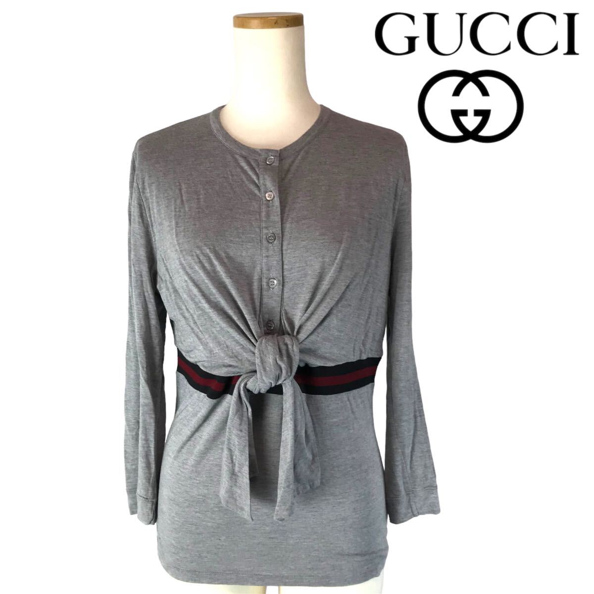 h246 GUCCI 2006 グッチ トップス カットソー プルオーバー ヘンリーネック 七分袖 リボン グレー XL イタリア製 165935 正規品 レディース_画像1