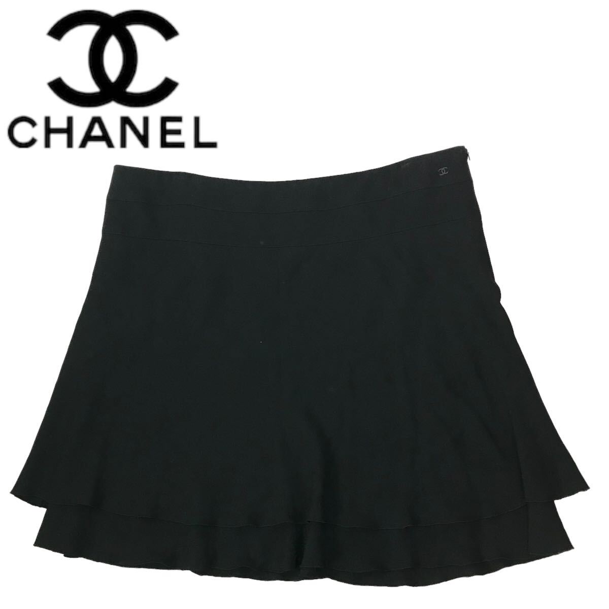 h267 CHANEL 03P シャネル ココマーク フレアスカート ミニスカート 大きいサイズ 46 フランス製 正規品 ブラック レディース_画像1