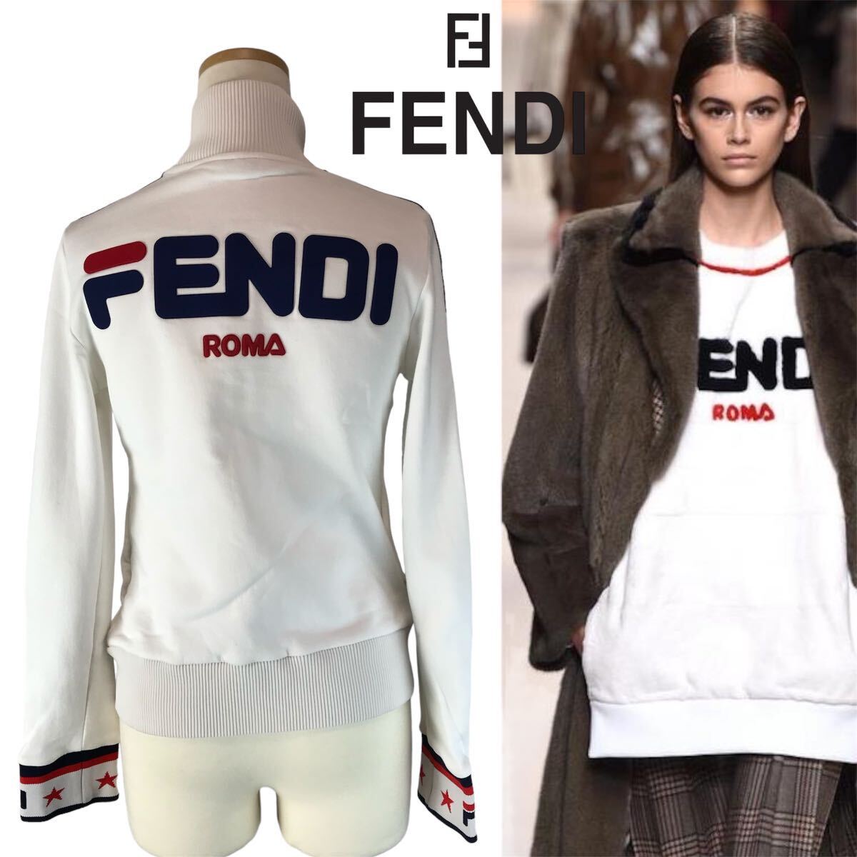 h318 FENDI×FILA 2018 フェンディ×フィラ コラボ ジップアップ ジャージ ロコ トップス ジャケット ホワイト 40 イタリア製 正規品 レア_画像2