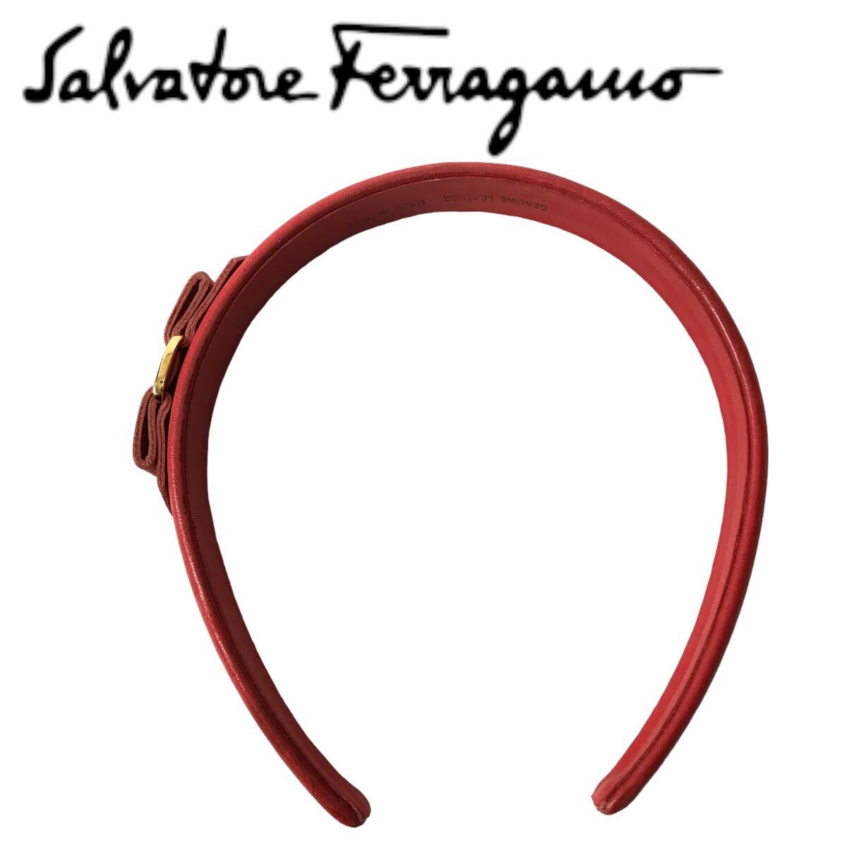 h323 Salvatore Ferragamo サルヴァトーレフェラガモ カチューシャ ヴァラ リボン レザー レッド 赤 本革 ヘアアクセ イタリア製 正規品_画像2