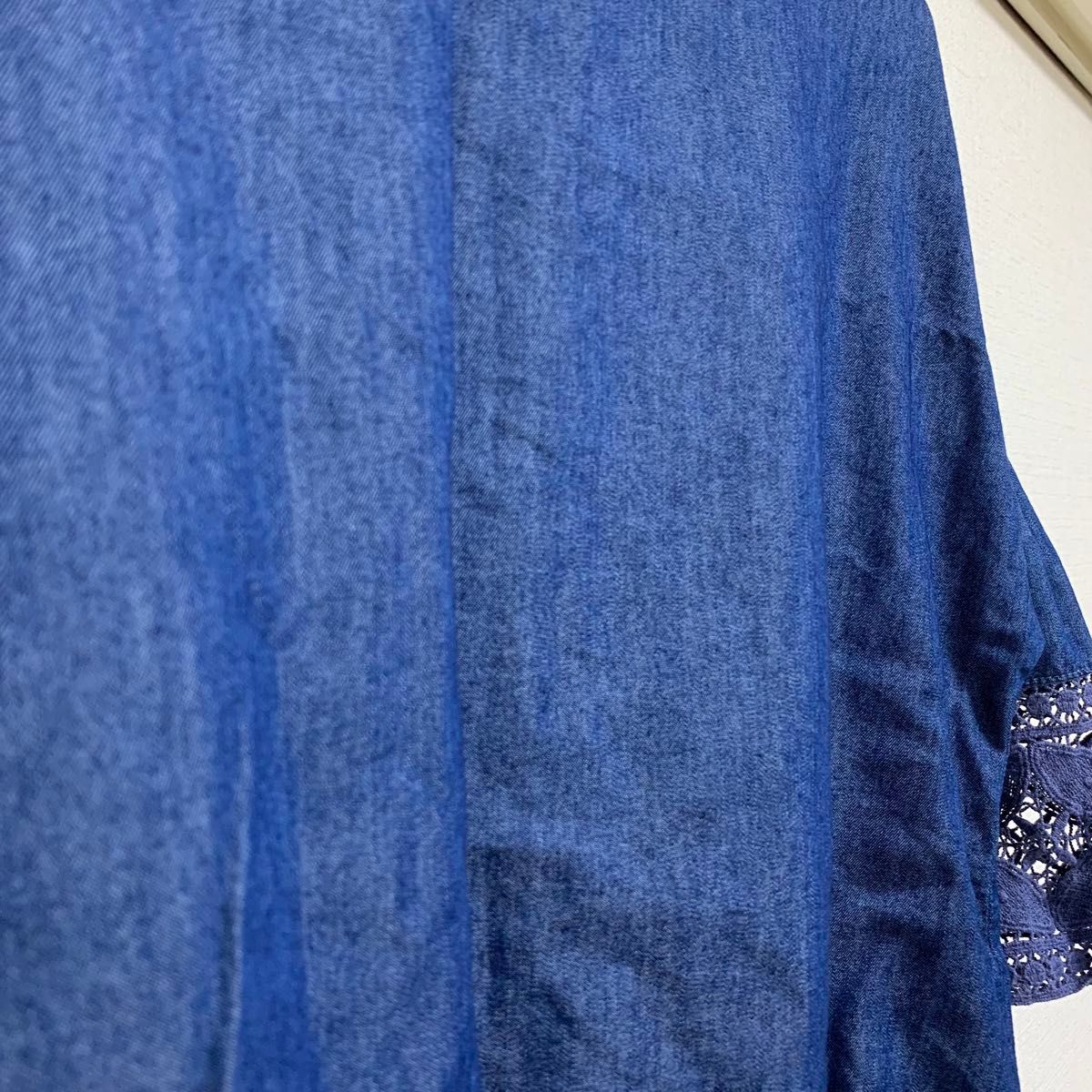 モアプラタ MorePlata Mサイズ 半袖 7分袖 半端丈 デニム ネイビー  カットソー トップス Tシャツ 紺 レース