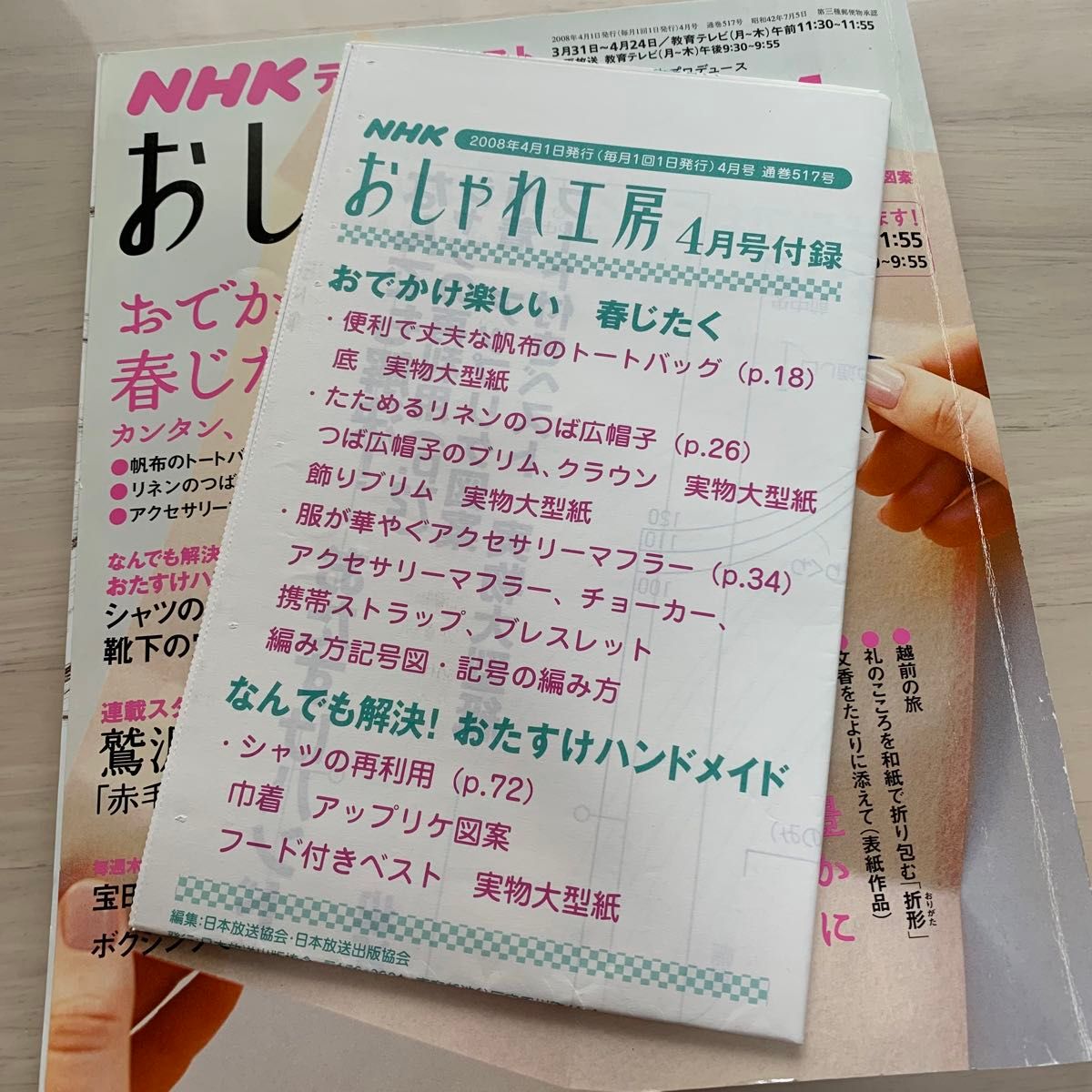 2008年4月 おしゃれ工房 NHKテキスト すてきにハンドメイド 付録型紙 ハンドメイド 手作り 手芸 裁縫 縫い物 趣味 本