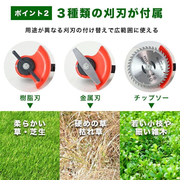 訳ありB級品◆電動草刈機 充電式 コードレス 替え刃3種類 樹脂ブレード 金属刃 ナイロンコード リチウムイオン###訳小有草刈二刀流C###の画像3