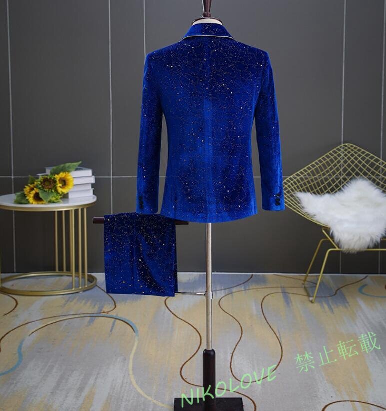  new goods fine quality 2 point set bell bed star empty stage costume men's suit set tuxedo outer garment trousers M~3XL size blue AB450