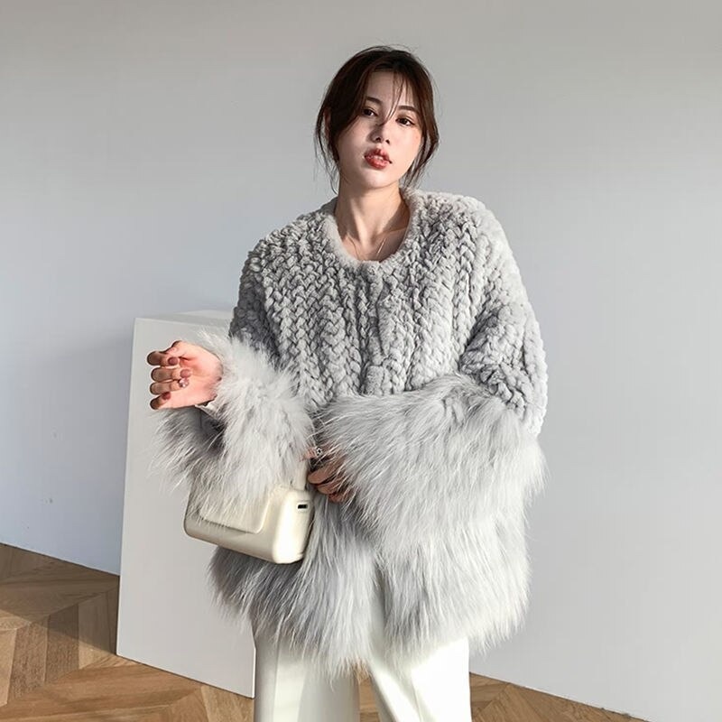  lady's knitted × fake fur coat jacket elegant S/M/LDJ679