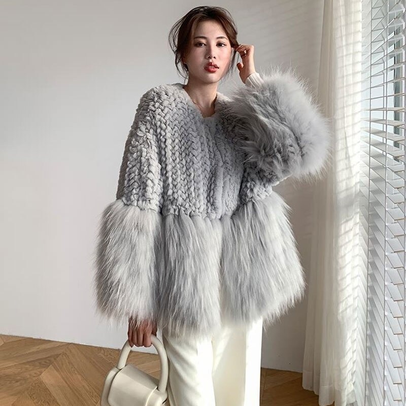  lady's knitted × fake fur coat jacket elegant S/M/LDJ679