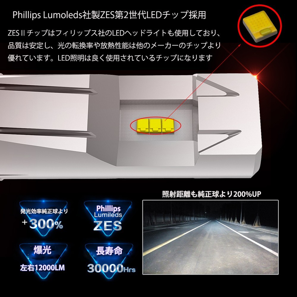 H4 Hi.Low切替式 LEDライト PHILIPS ZESⅡチップ 12000LM 6000Kハロゲン真似する 2個セット 取付簡単 大光量の画像3