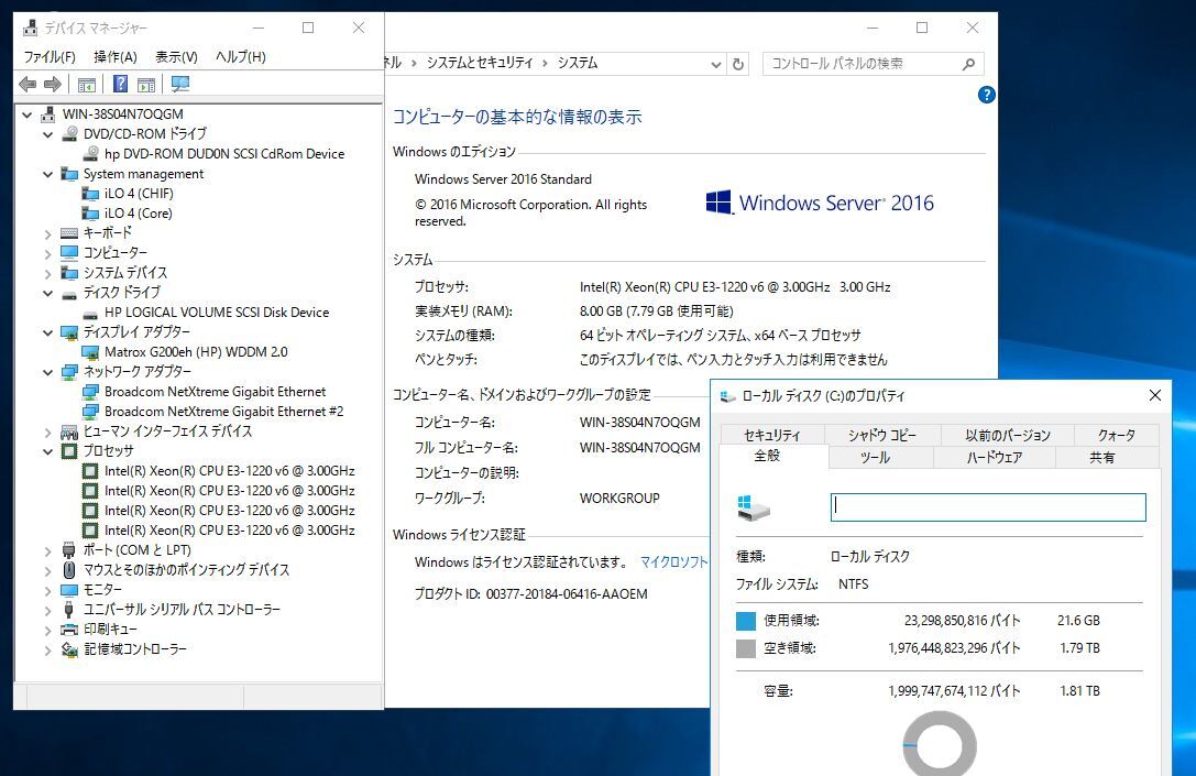 HPE ProLiant ML30 Gen9 Xeon E3-1220 v6/8G-ECC/RAID5 1000Gx3 Windows Server 2016 Standard_画面キャプチャー　スペック確認