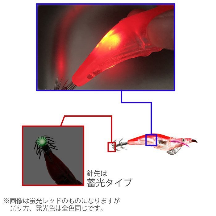 エギ 蛍光4色 自動点滅 光る 2.5号 LED ライト 照明 集魚灯 浮き スッテ ドロッパー コウイカ イカ タコ 釣り ルアー 12.5g 10cm 4個の画像2