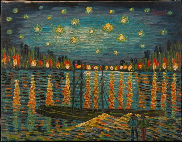 ●ヴィンセント・ヴァン・ゴッホ●油絵　手描き《ローヌ川の星月夜》表サイン　画廊取扱シール　F6号　額無/検索(ゴーギャン/モネ)a29_画像1