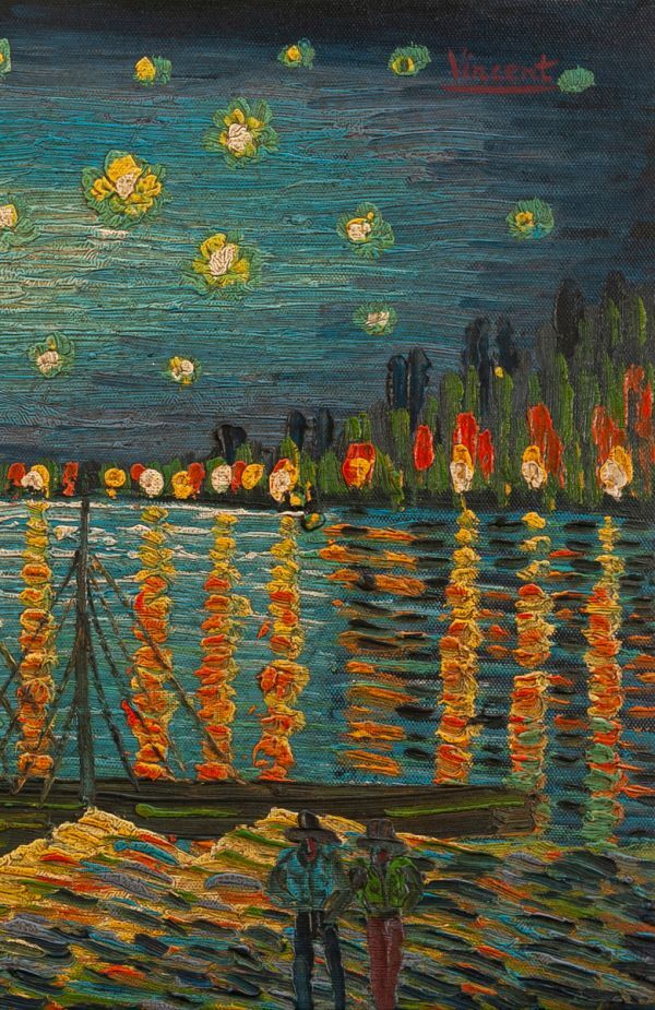 ●ヴィンセント・ヴァン・ゴッホ●油絵　手描き《ローヌ川の星月夜》表サイン　画廊取扱シール　F6号　額無/検索(ゴーギャン/モネ)a29_画像4
