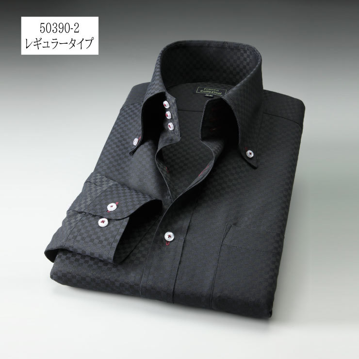 形態安定 長袖 ドレスシャツ Lサイズ ブラック▼50391-2-L▼新品 ボタンダウン レギュラータイプ チェスボードチェック 市松模様 41-84 S1_画像4