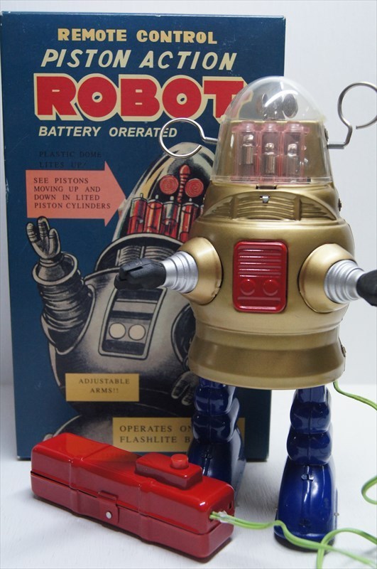 HAHA TOY PISTON ACTION ROBOT ゴールド ブリキ バッテリー式 リモコン操作 ピストンアクションロボット 箱付 雑貨