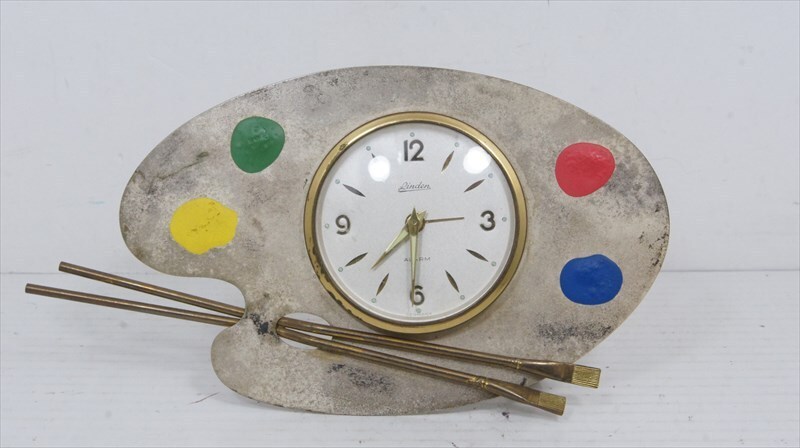 [珍品]Rinden ゼンマイ式置き時計 パレット型デザイン アラーム付き ドイツ製 手巻き時計 ビンテージ アンティーク時計 雑貨_画像1
