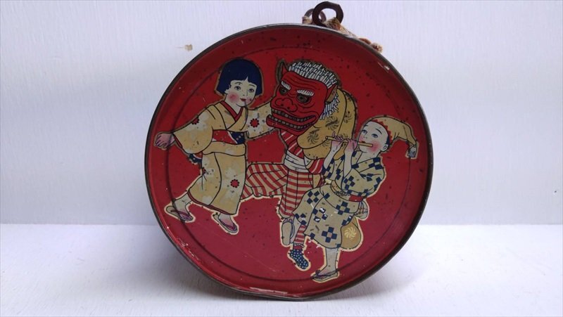 ブリキ 太鼓 獅子舞と子供デザイン 戦前物 1930年代 当時物 日本製 祭り 打楽器 ビンテージ 雑貨