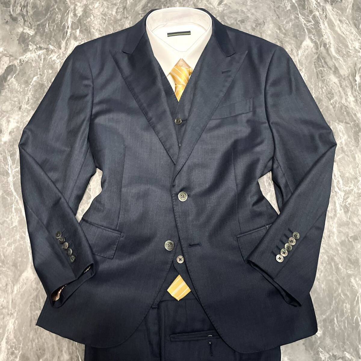 ドーメル【極美品 豪華 3ピース】DORMEUIL AMADEUS ACTION スーツ スリーピース XLサイズ 光沢感 裏地 花柄 オーダーメイド ダークネイビーの画像2